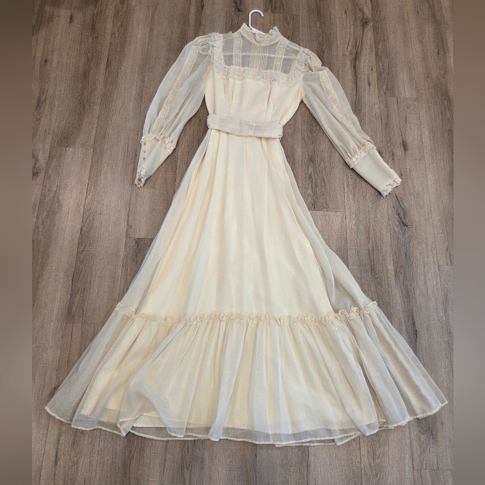 Vtg Candi Jones Victorian Prarie Dress Ivory Lace High Neck Gunne Sax Style Lace